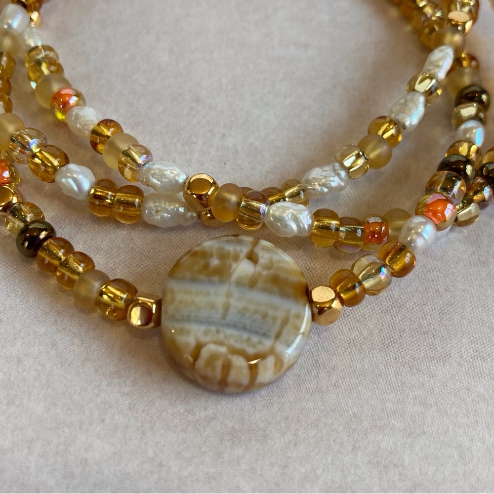 HAND CRAFTED Chocolate Crackle Agate Multi Strand Beaded Bracelet 7.5" Pearls